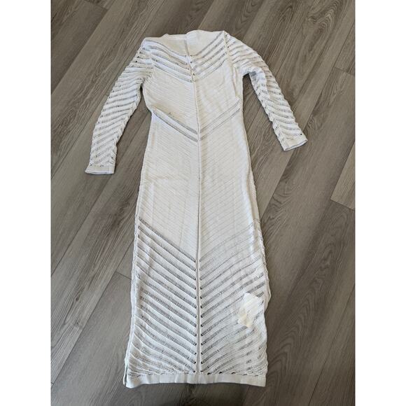 Commense Boho Coastal Knit Cream Stretch Split Hem Long Sleeve Dress Medium - Picture 5 of 6